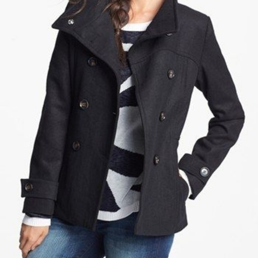 THREAD & SUPPLY Wool Blend Sophisticated Black Double-Breasted Pea Coat XS